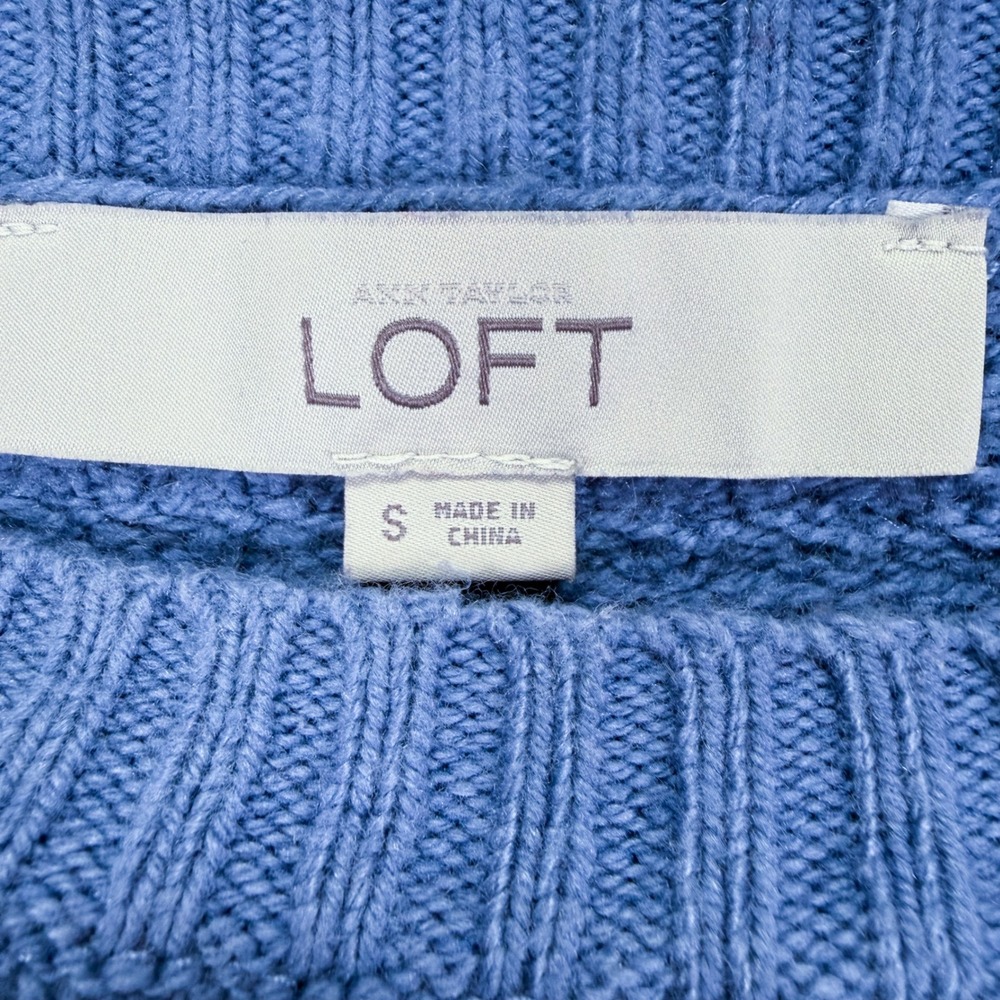 LOFT Sweater Womens Small Excellent Blue Basketweave Knit Cotton Camel Hair Mix - Picture 4 of 7